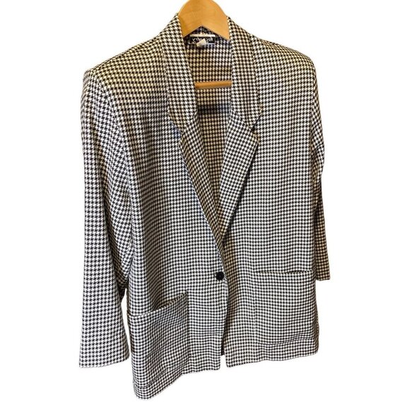 Vintage 80s 90s Kipa Bay Long Black White Single Button Houndstooth Blazer - Picture 3 of 10